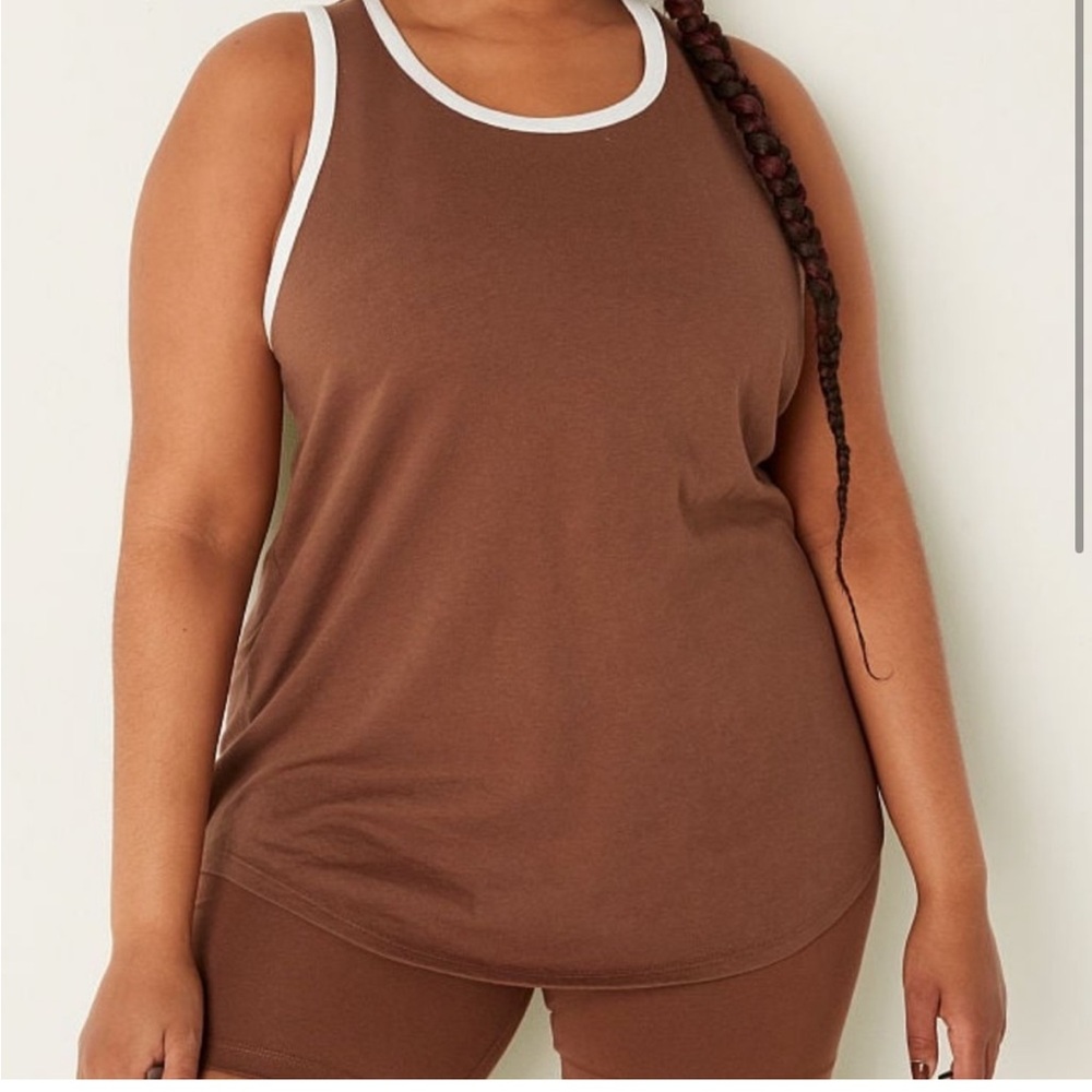 Victoria’s Secret PINK Racerback Ringer Tank Top Brown/White Size L NWT